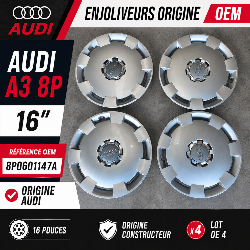 4 enjoliveurs Audi A3 8P 16 pouces origine OEM 8P0601147A radkappe wheel trims