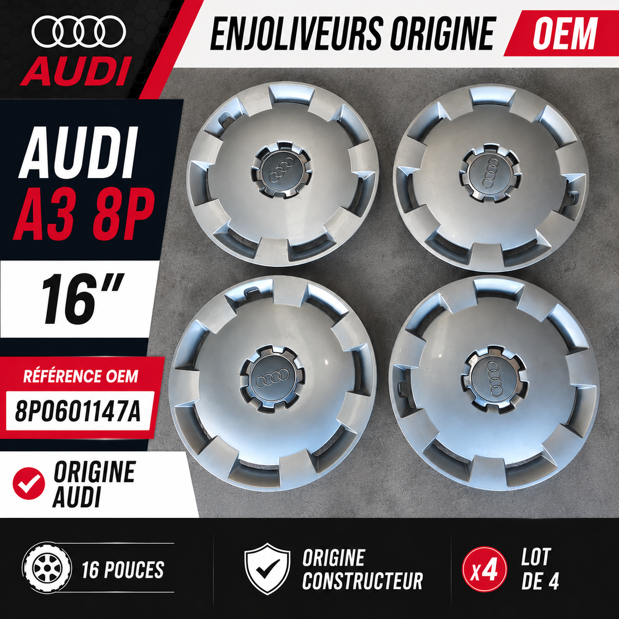 4 enjoliveurs Audi A3 8P 16 pouces origine OEM 8P0601147A radkappe wheel trims