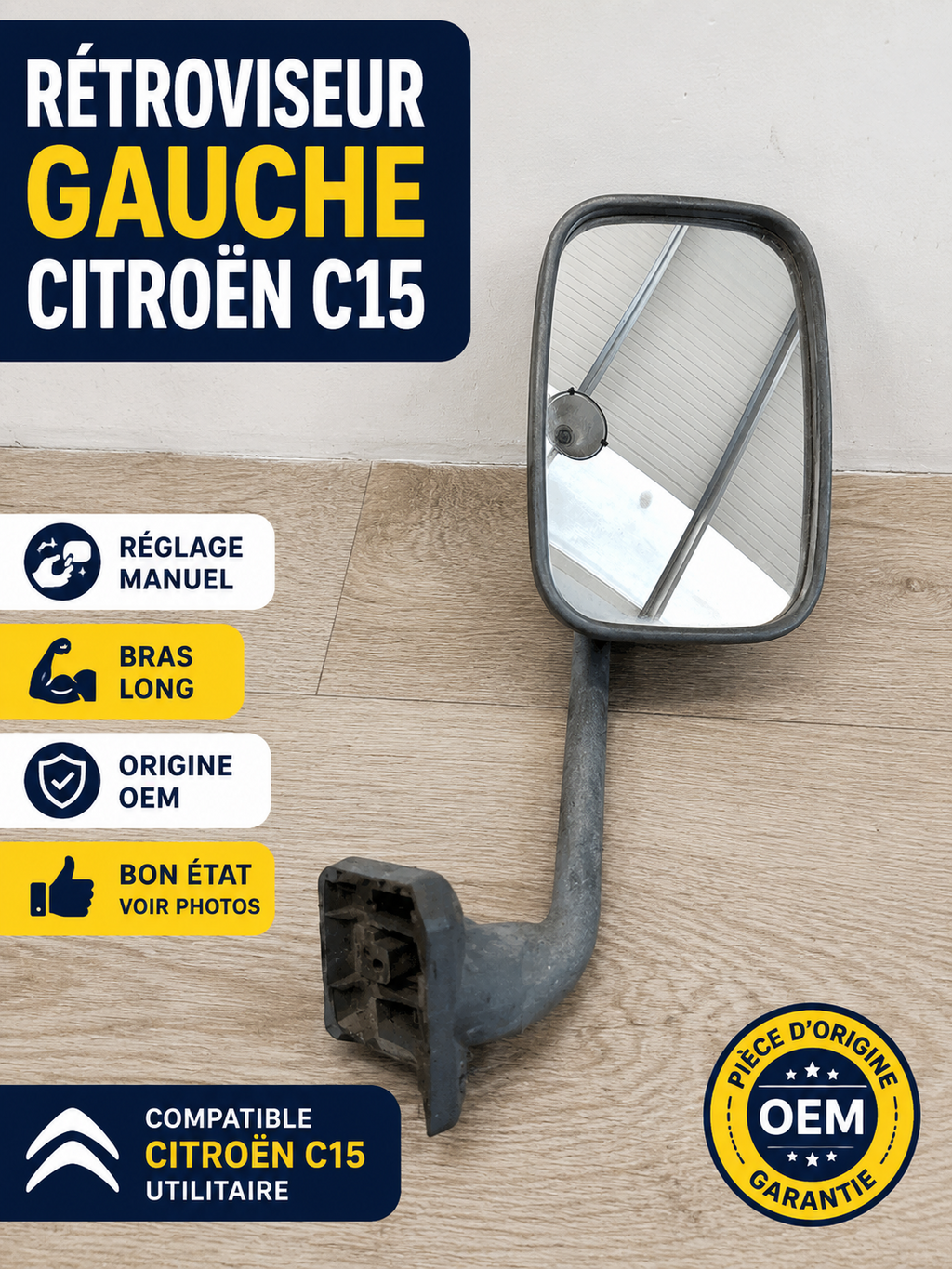 Rétroviseur extérieur gauche Citroën C15 bras long fixation porte manuel occasio