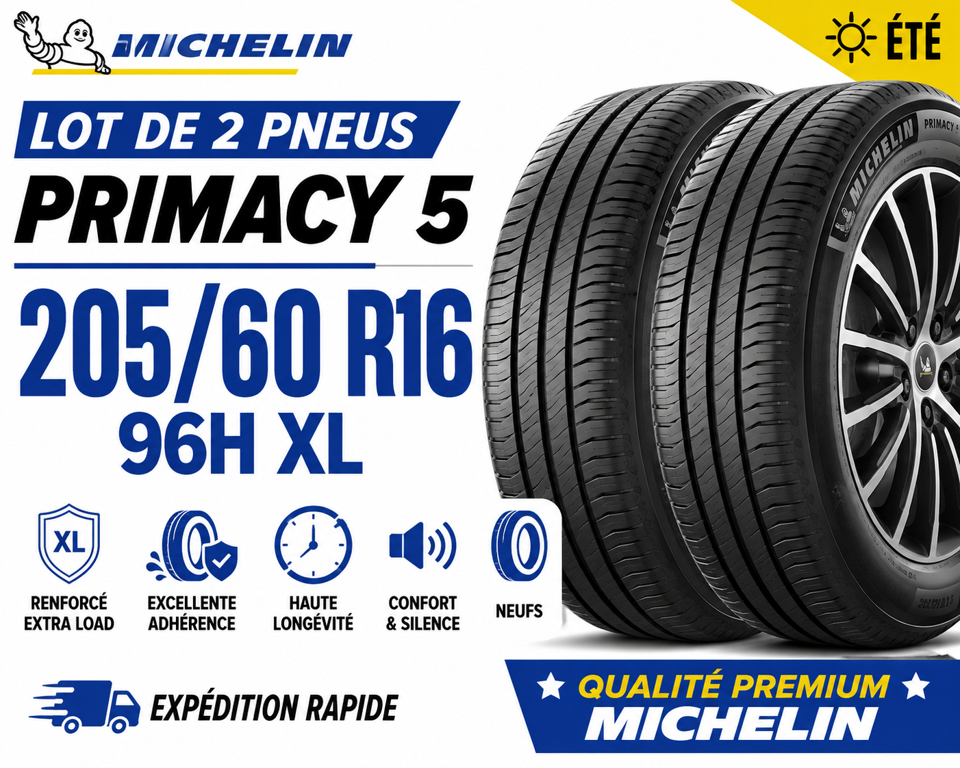 🛞 Lot de 2 pneus 205/60 R16 96H MICHELIN PRIMACY 5 XL – Été – Renforcés – Neufs