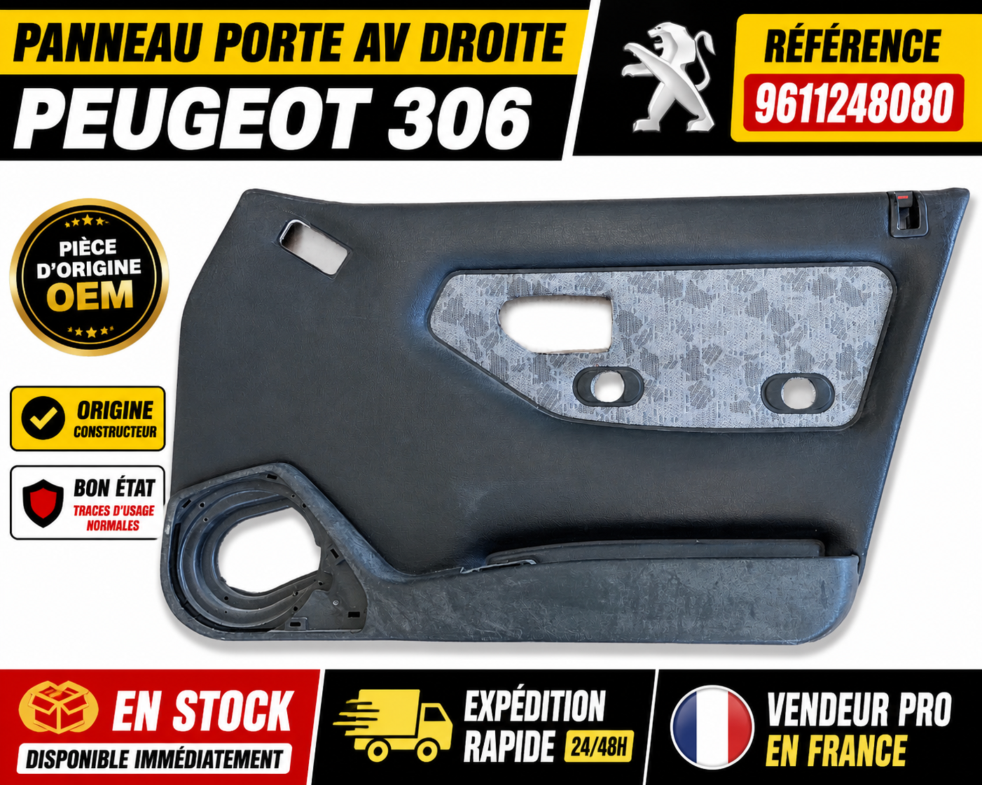 Panneau Intérieur Porte Avant Droite Peugeot 306 – Réf 9611248080 – Garniture Or