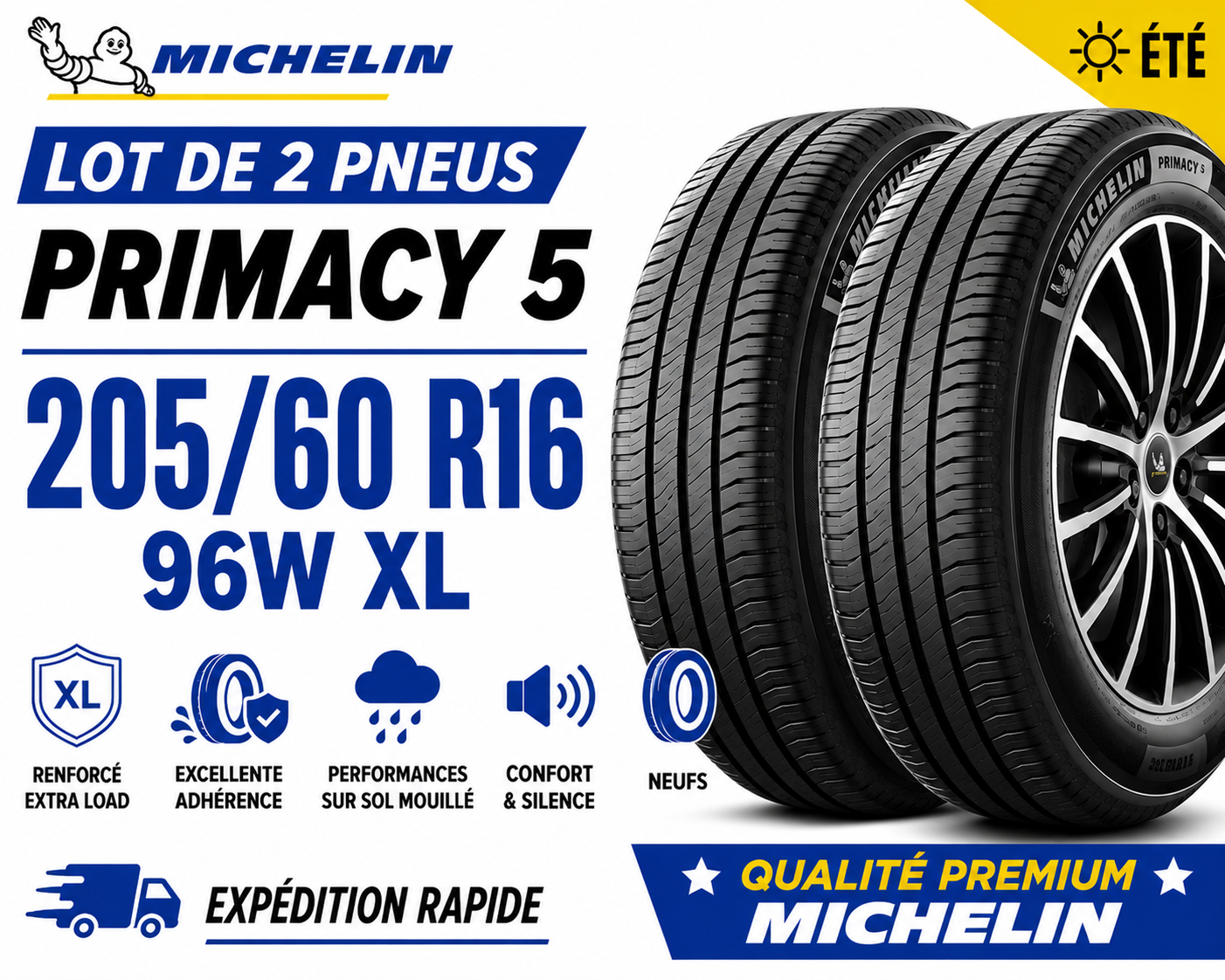 🛞 Lot de 2 pneus 205/60 R16 96W MICHELIN PRIMACY 5 XL – Été – Neufs