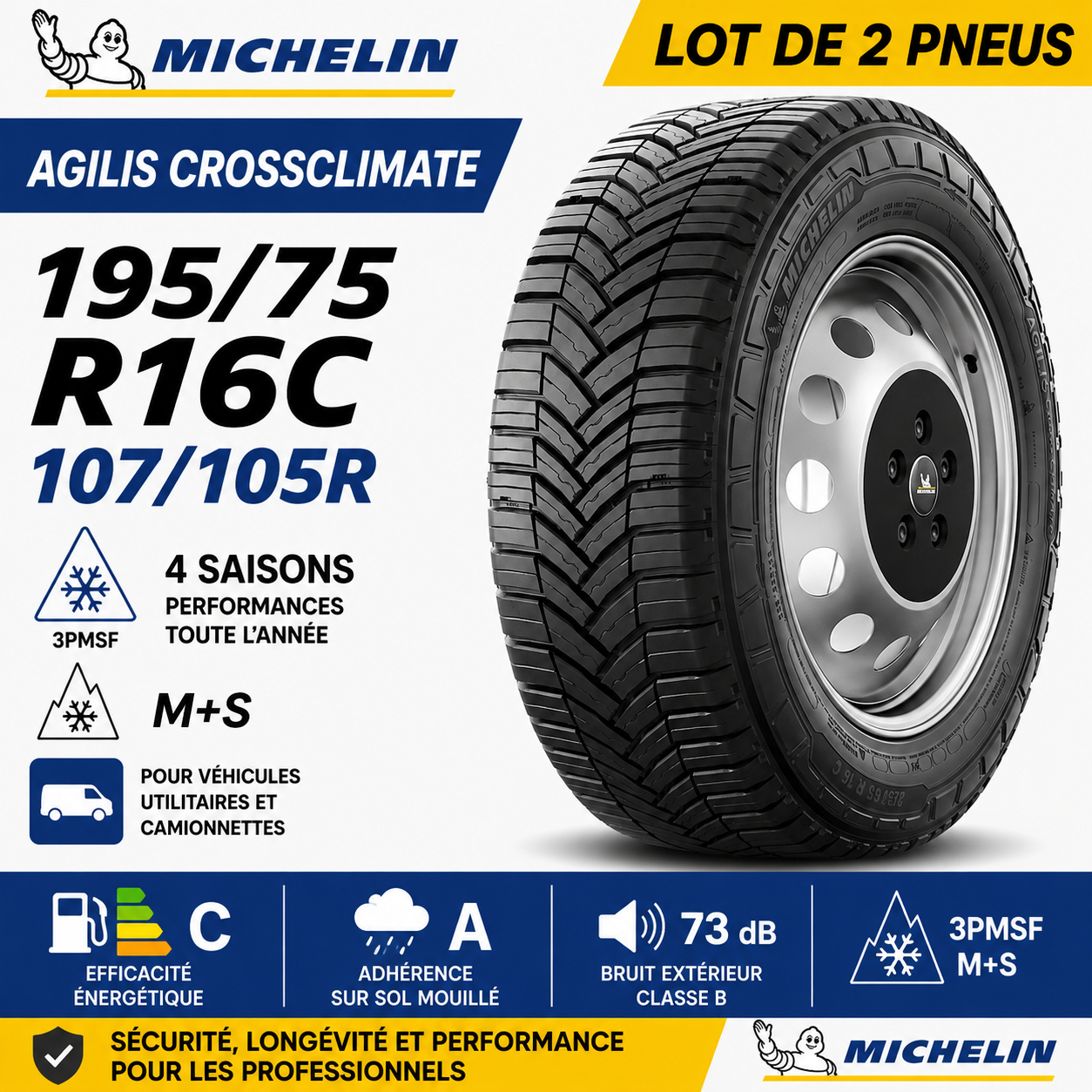 Lot de 2 Pneus MICHELIN Agilis CrossClimate 195/75 R16C 107/105R M+S 4 Saisons N