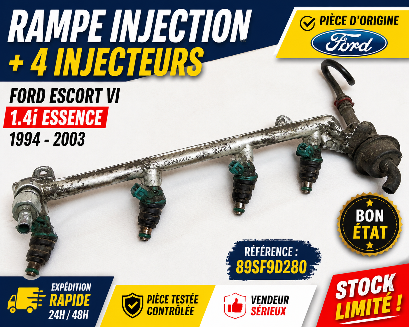 Rampe Injection + 4 Injecteurs FORD ESCORT VI 1.4i 89SF9D280 Complète Origine