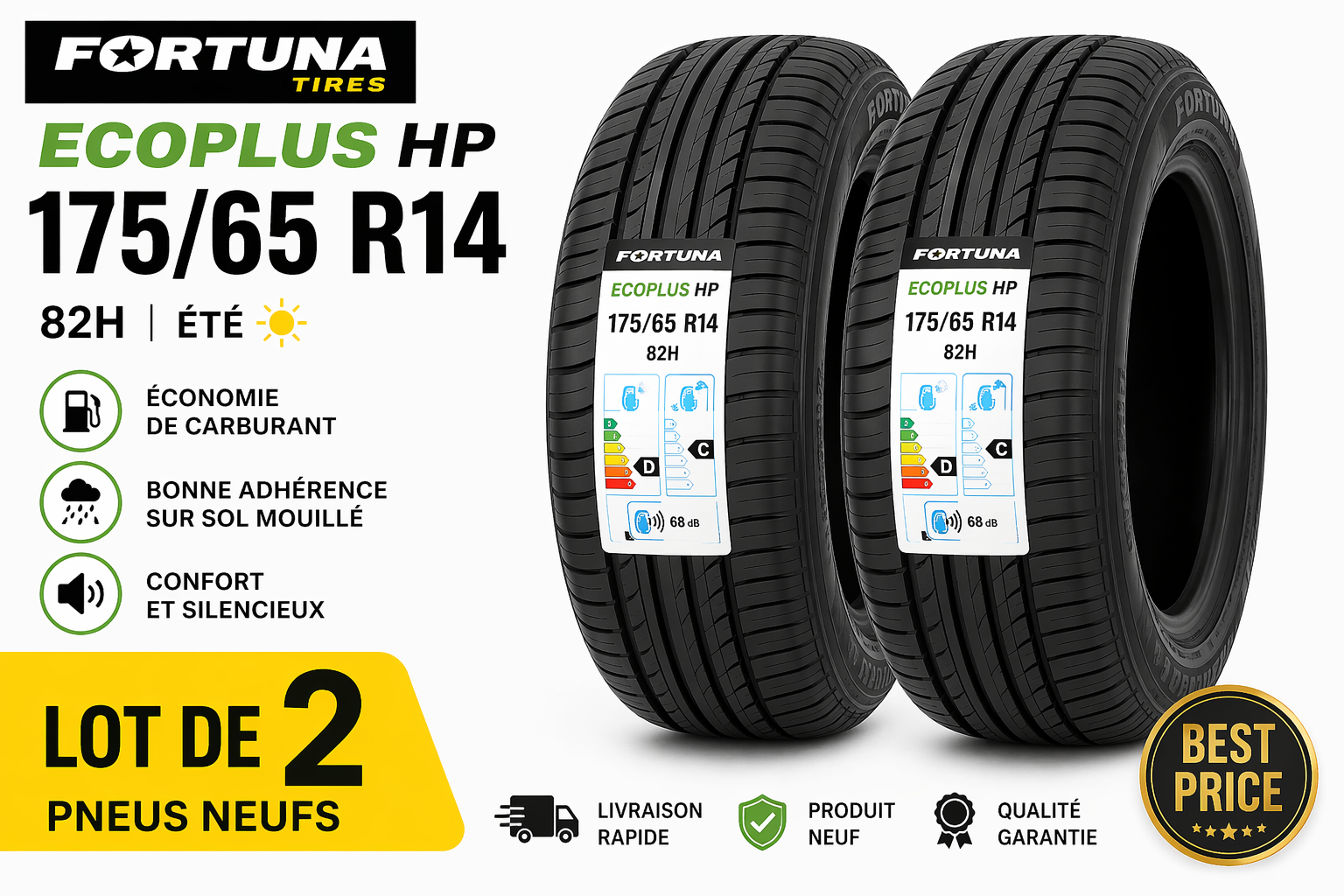 2 PNEUS NEUFS 175/65 R14 82H FORTUNA ECOPLUS HP ÉTÉ LOW COST LIVRAISON RAPIDE