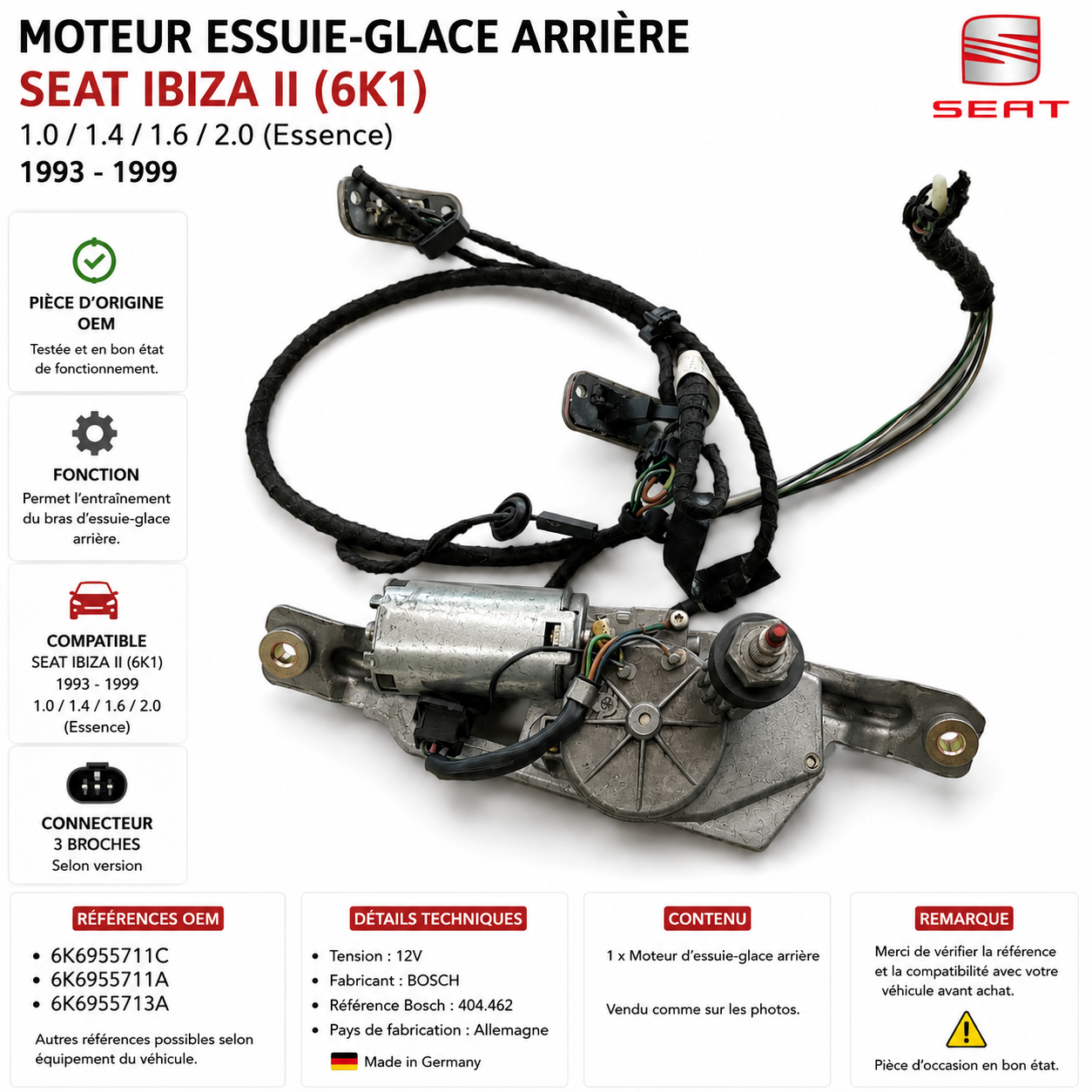 Moteur essuie-glace arrière SEAT IBIZA II 6K1 1.0 1.4 1.6 2.0 I 93 - 99