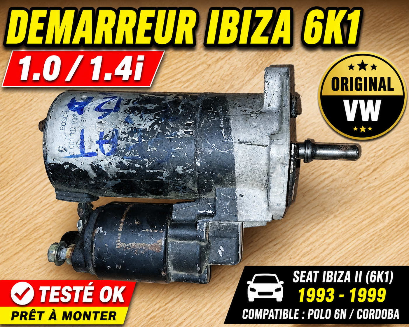 DEMARREUR SEAT IBIZA II 6K1 1.0 1.4i 1993-1999 BOSCH VW POLO 6N ORIGINAL