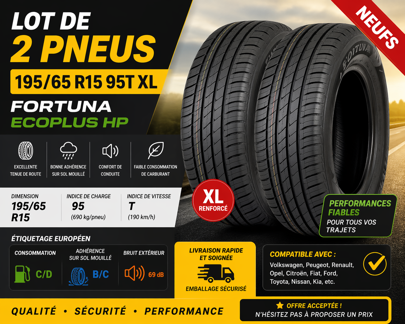 LOT DE 2 PNEUS 195/65 R15 95T XL FORTUNA ECOPLUS HP – NEUFS
