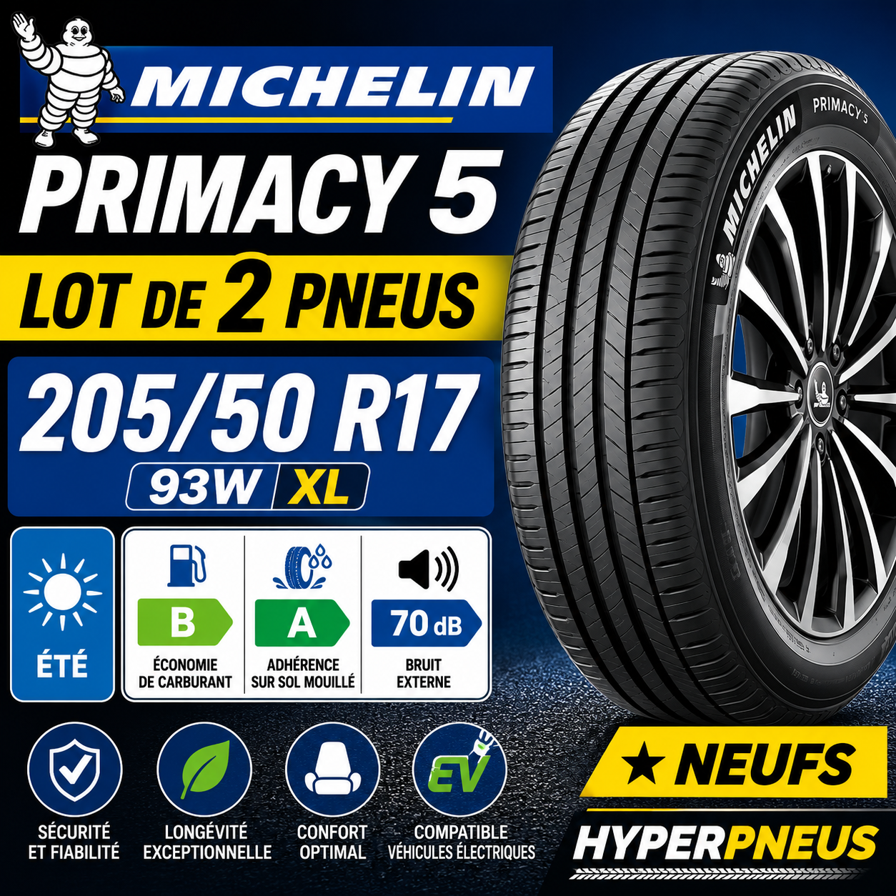 Lot de 2 Pneus MICHELIN Primacy 5 205/50 R17 93W XL Été Neufs Premium
