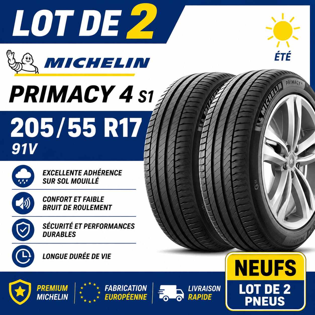 Lot de 2 Pneus MICHELIN Primacy 4 S1 205/55 R17 91V Été Premium