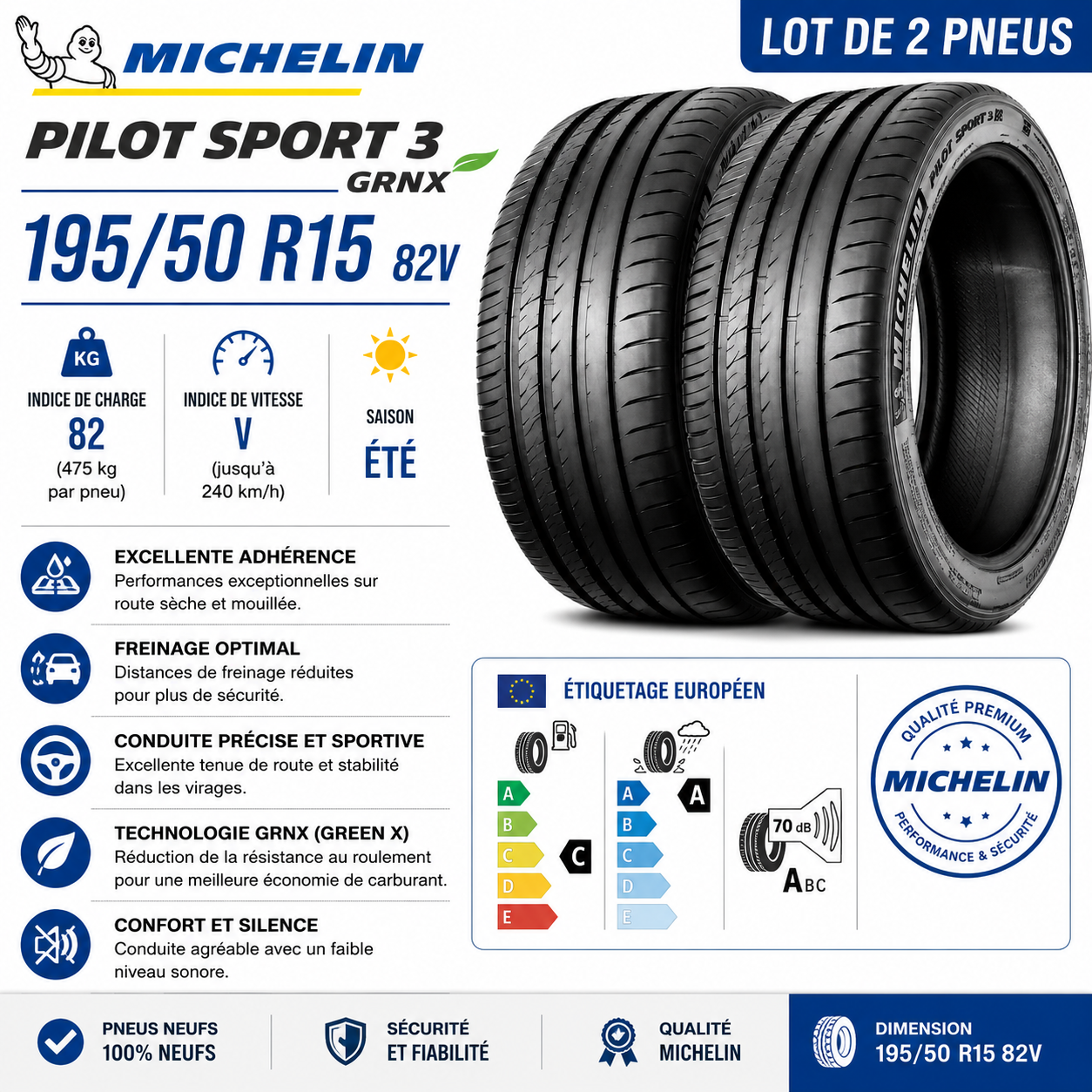 2 Pneus 195/50 R15 82V MICHELIN PILOT SPORT 3 GRNX Été Haute Performance