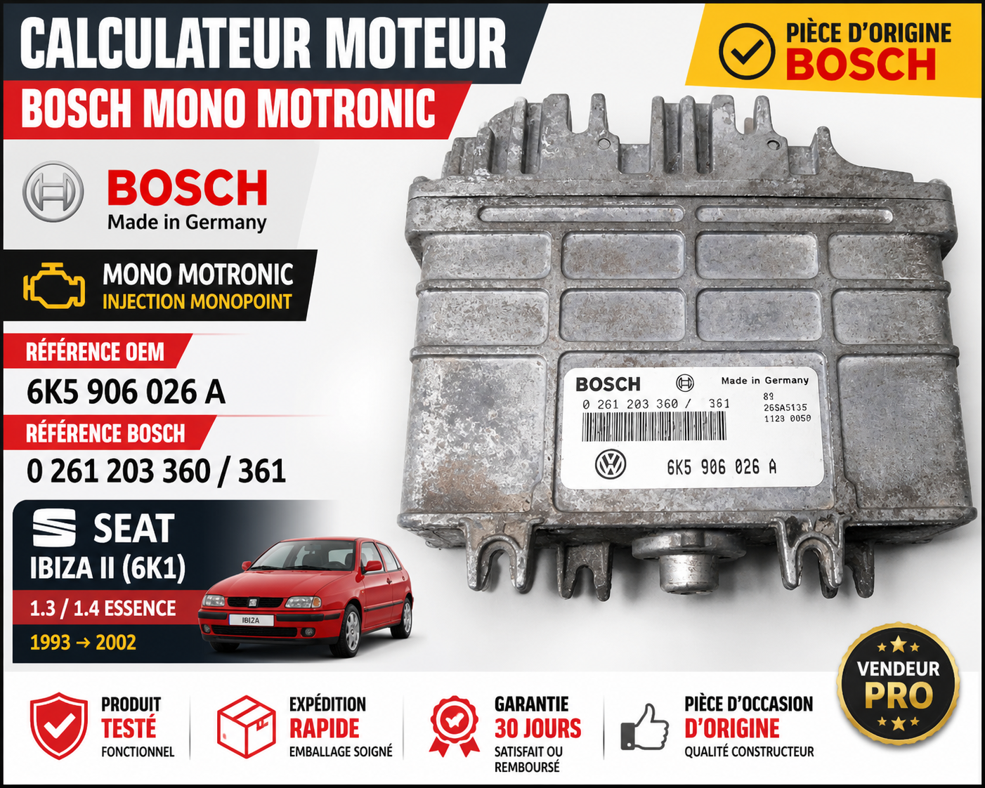 CALCULATEUR ECU BOSCH MONO MOTRONIC 6K5906026 A SEAT IBIZA 6K 1.4 0261203360