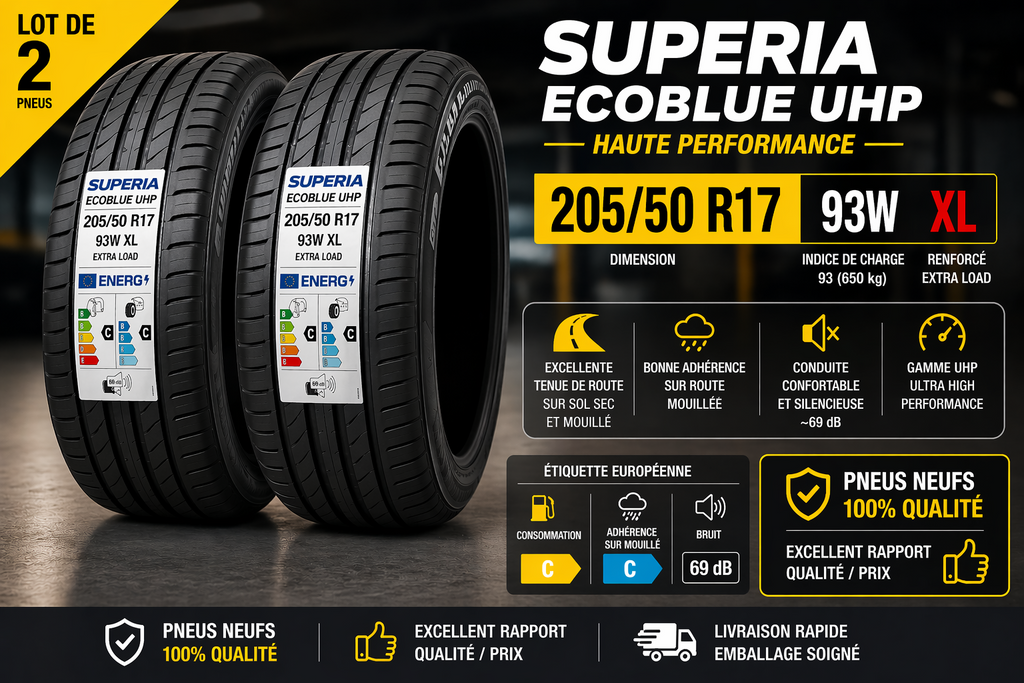 LOT DE 2 PNEUS 205/50 R17 93W XL SUPERIA ECOBLUE UHP – NEUFS – ÉTÉ – HAUTE PERFO