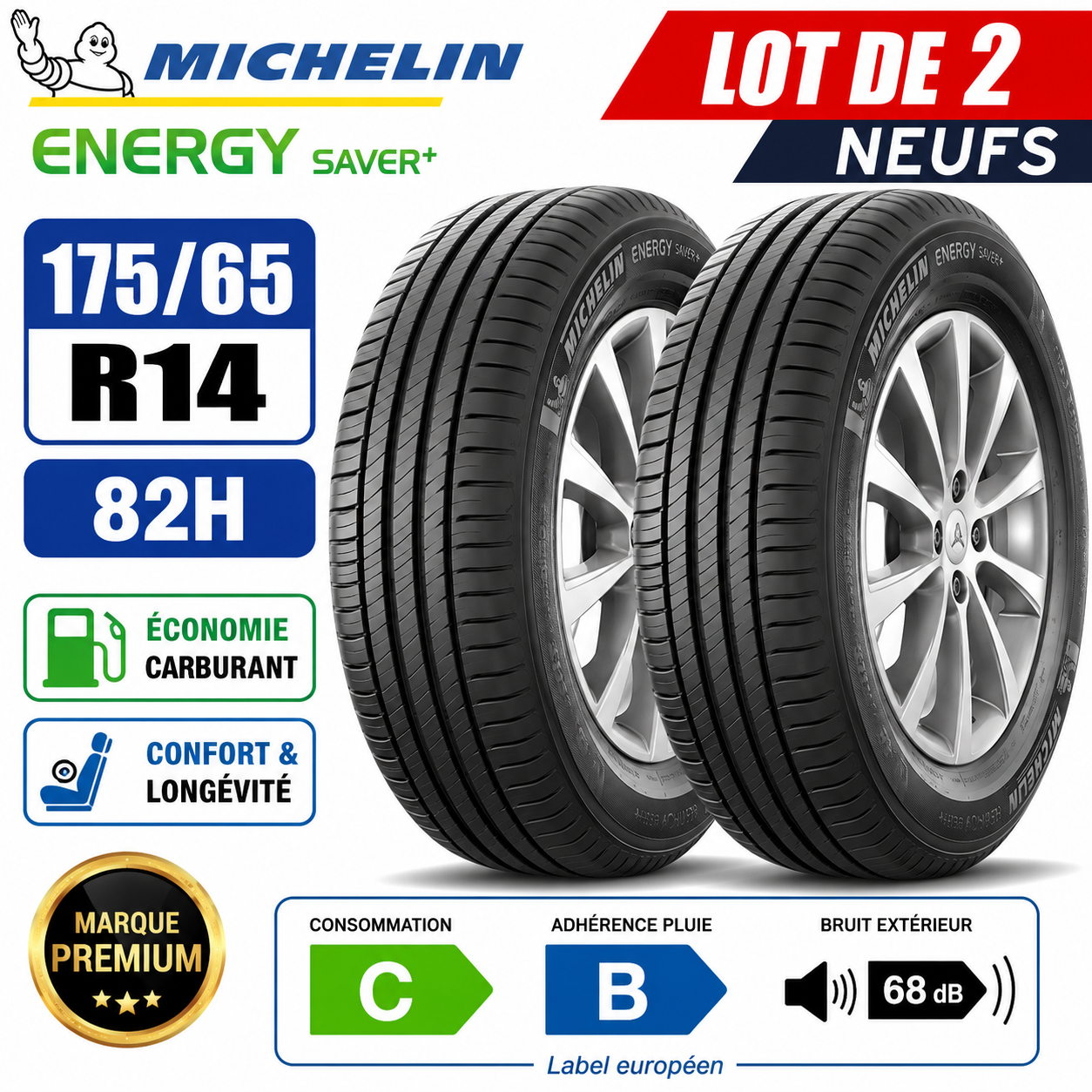 🛞 Lot de 2 pneus 175/65 R14 82H MICHELIN Energy Saver+ – Neufs – Économie & Lon