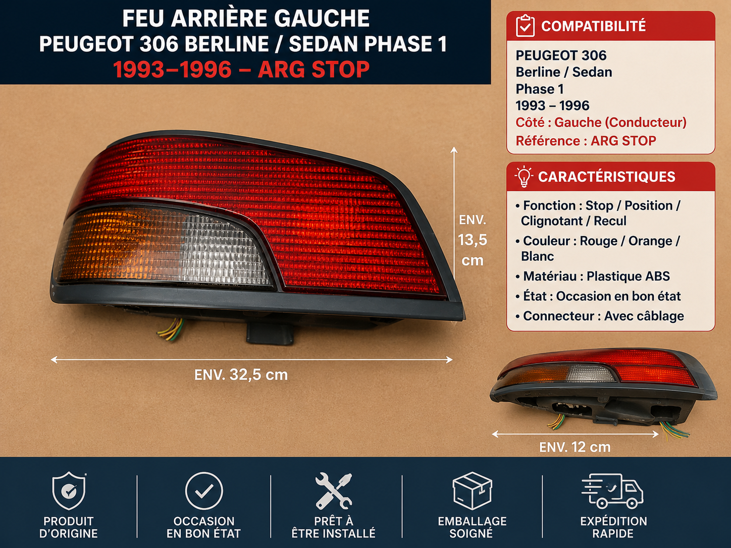 🚨 FEU ARRIÈRE GAUCHE PEUGEOT 306 BERLINE / SEDAN PHASE 1 1993–1996 – ARG STOP