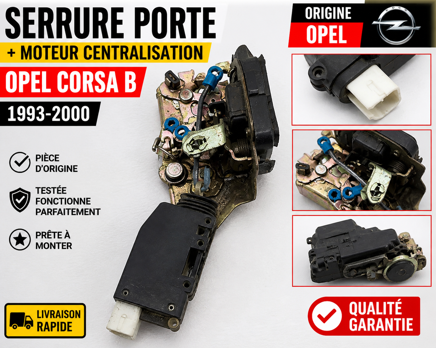 SERRURE PORTE ARG OPEL CORSA B 1993 2000 MOTEUR CENTRALISATION REF 90493702
