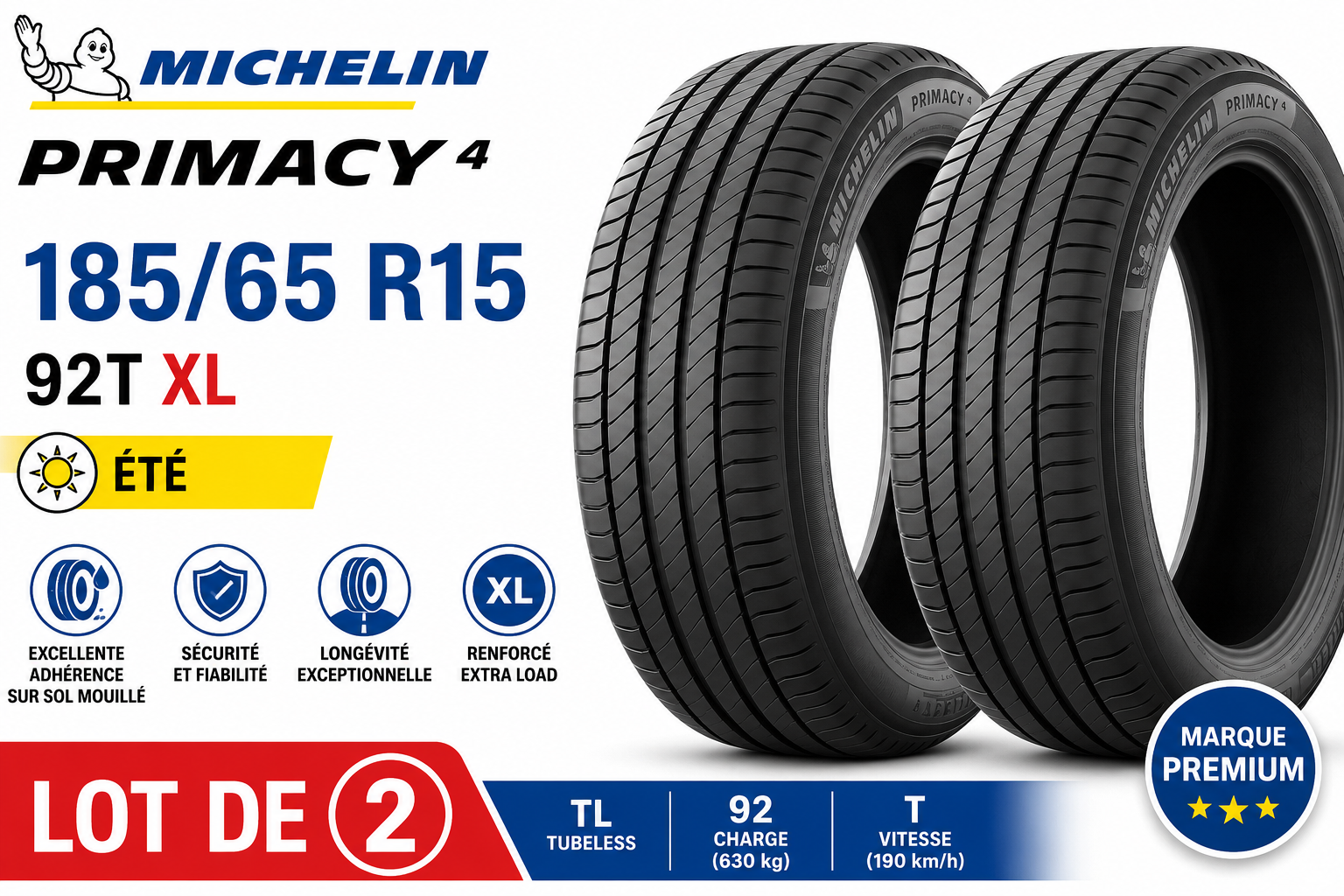 Lot de 2 pneus Michelin Primacy 4 XL TL 185/65 R15 92T Été EAN 3528709820424