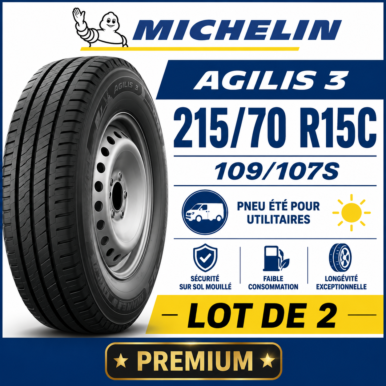 Lot de 2 Pneus MICHELIN Agilis 3 215/70 R15C 109/107S Été Utilitaire Neufs