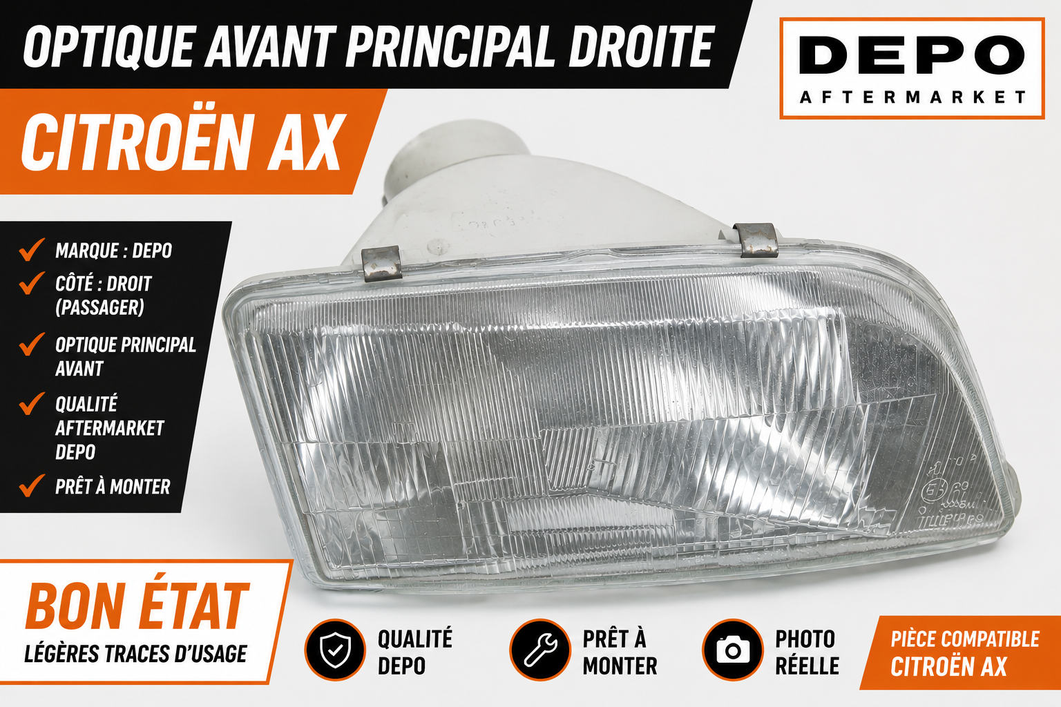Optique Avant Principal Droit Phare CITROËN AX Origine Bon État