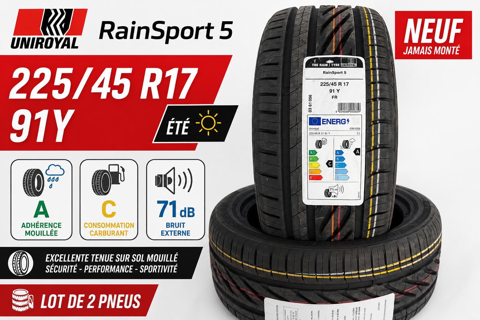 2x PNEUS 225/45 R17 91Y UNIROYAL RAINSPORT 5 NEUFS – ULTRA GRIP PLUIE