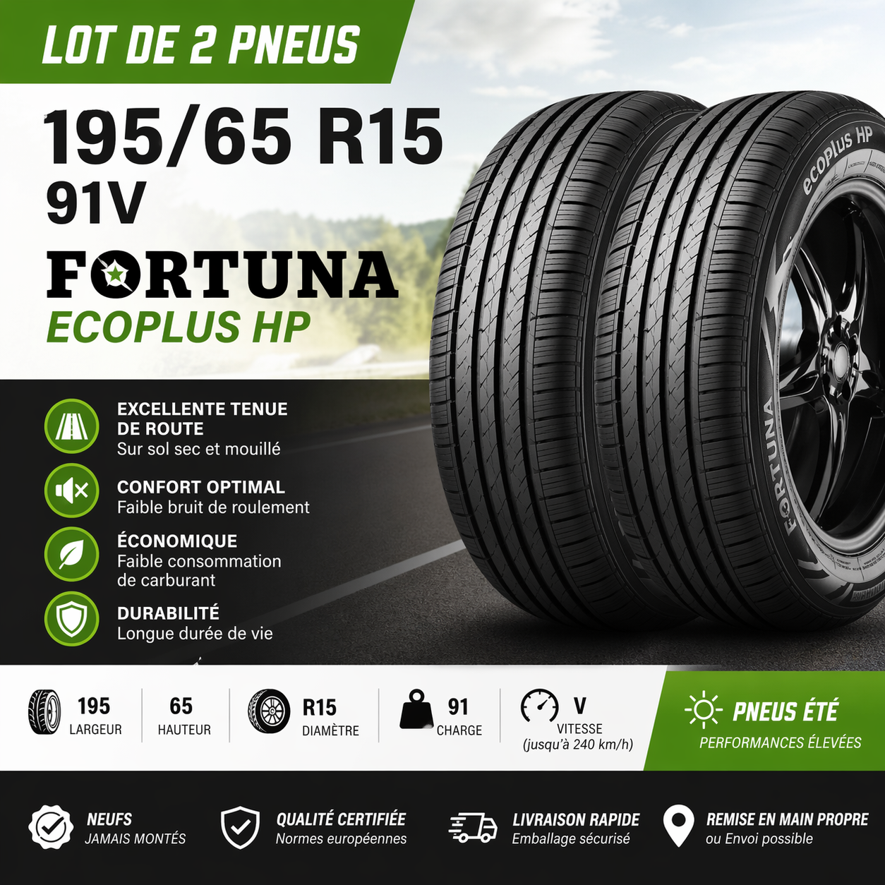 🔥 LOT 2 PNEUS 195/65 R15 91V FORTUNA ECOPLUS HP NEUFS ÉTÉ QUALITÉ PRIX 🔥