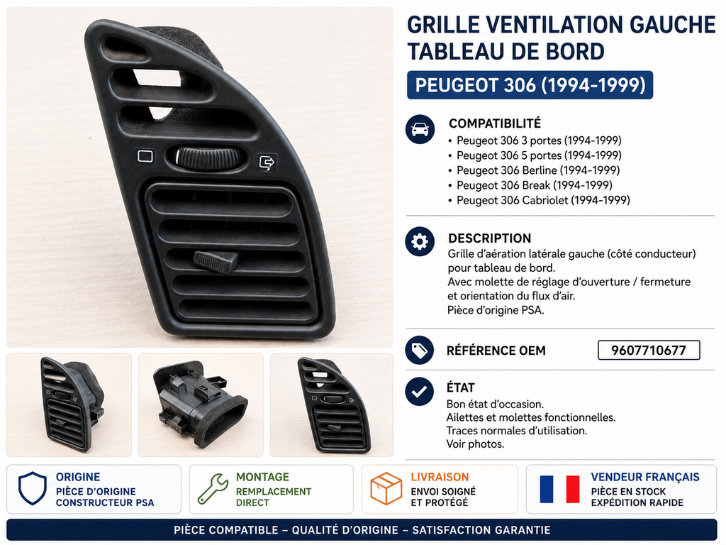 Grille Ventilation Droite Tableau de Bord Peugeot 306 1994-1999 Ref 9607710677