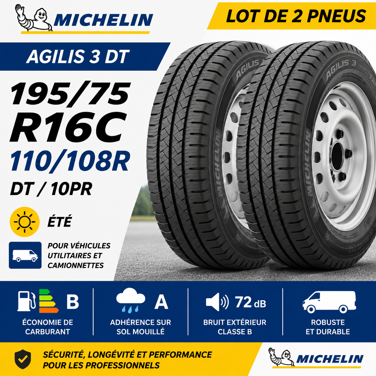 Lot de 2 Pneus MICHELIN Agilis 3 195/75 R16C 110/108R DT 10PR Utilitaire Neufs