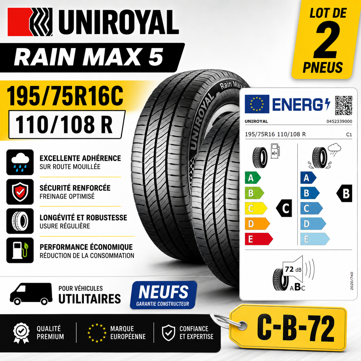 Lot de 2 Pneus 195/75 R16C 110/108R UNIROYAL RAIN MAX 5 Utilitaire Neufs