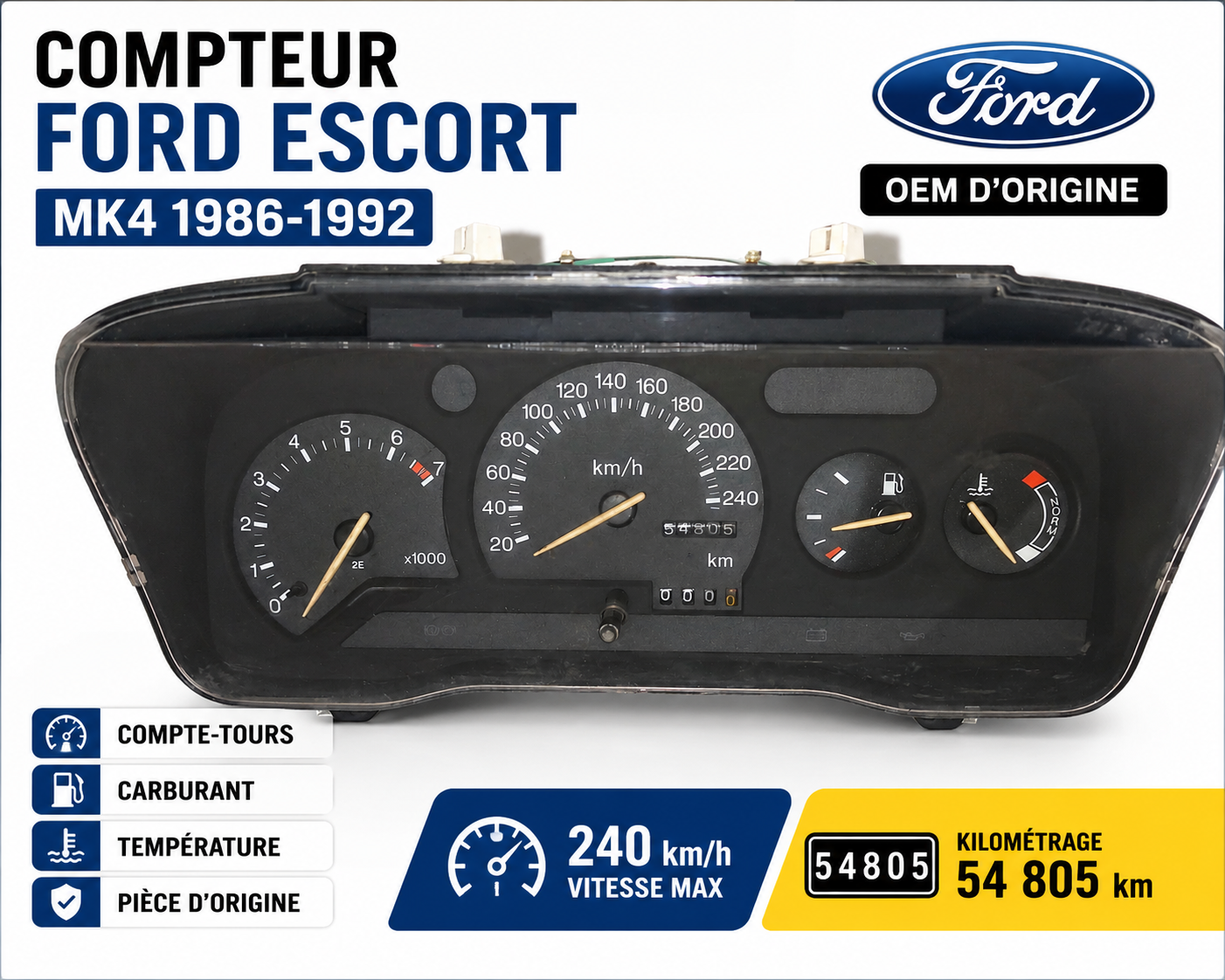 Compteur / Tableau de Bord FORD Escort Mk4 1986-1992 Compte-Tours 240 km/h OEM