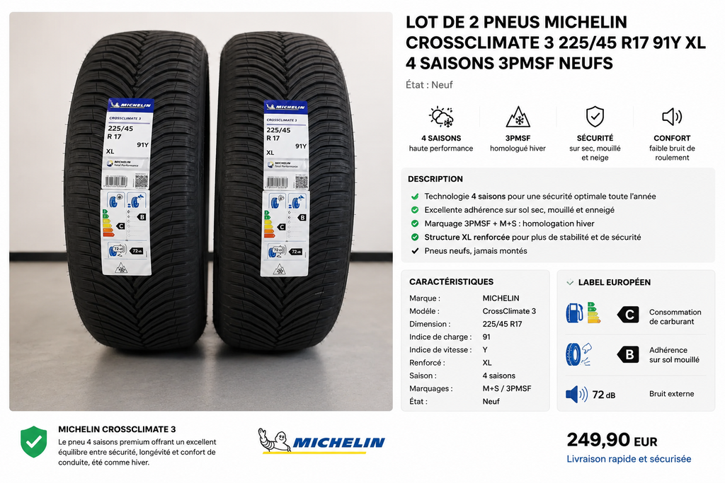 LOT 2 PNEUS MICHELIN CROSSCLIMATE 3 225/45 R17 91Y XL 3PMSF NEUFS