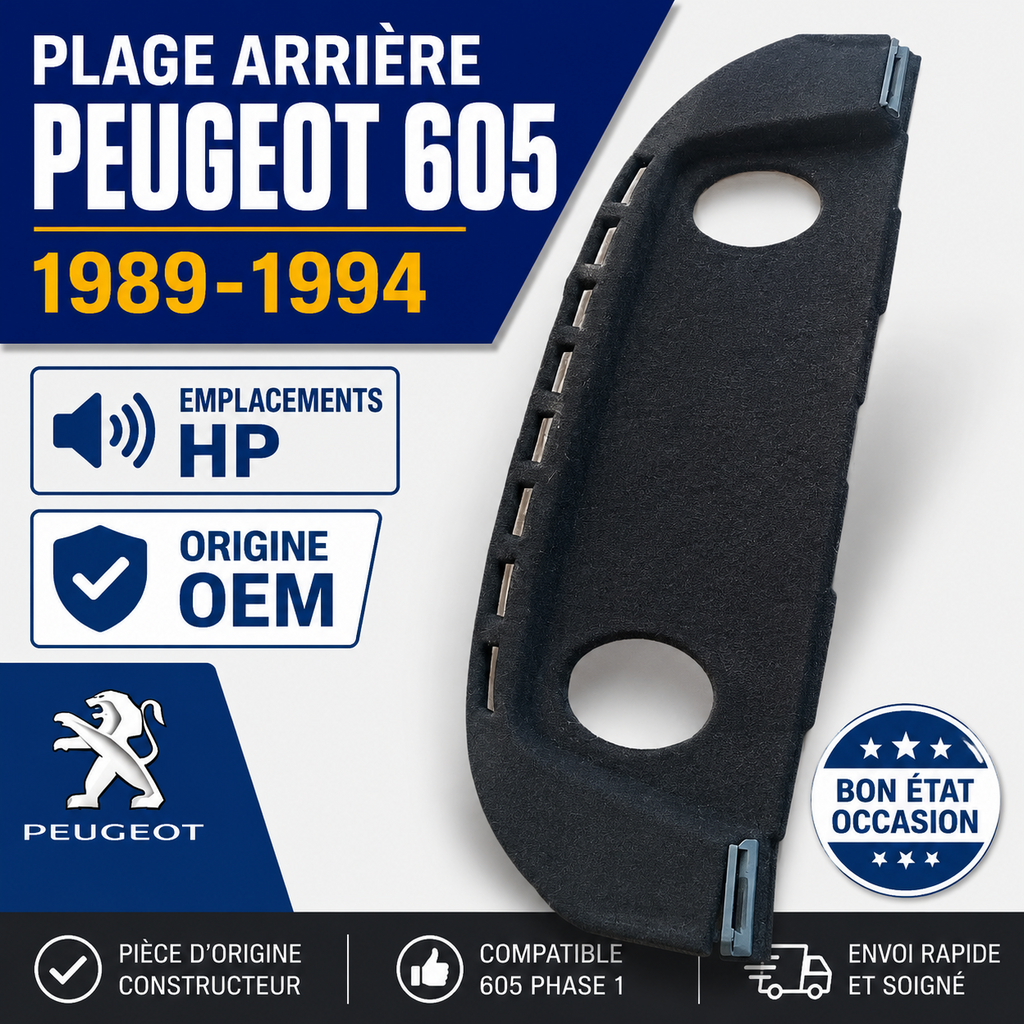 Plage arrière Peugeot 605 1989-1994 d’origine avec emplacements haut-parleurs