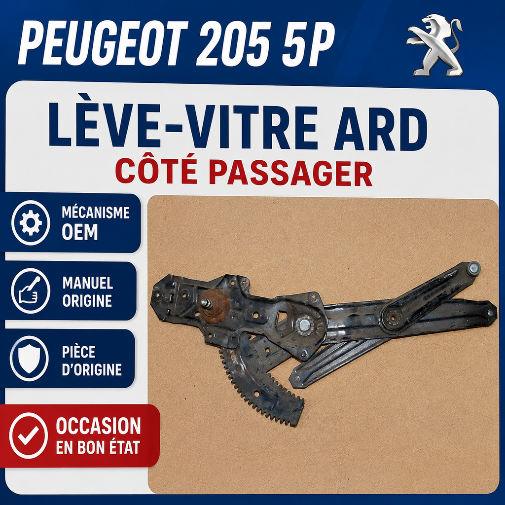 LÈVE-VITRE ARRIÈRE DROIT PEUGEOT 205 5 PORTES – MÉCANISME MANUEL ARD CÔTÉ PASSAG