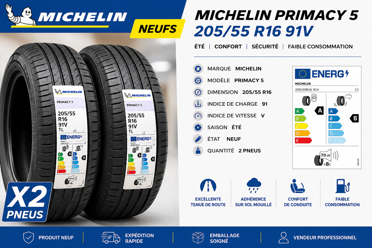 🔥 2x Michelin Primacy 5 205/55 R16 91V NEUFS DOT 2024 – TOP QUALITÉ – PRIX CHOC