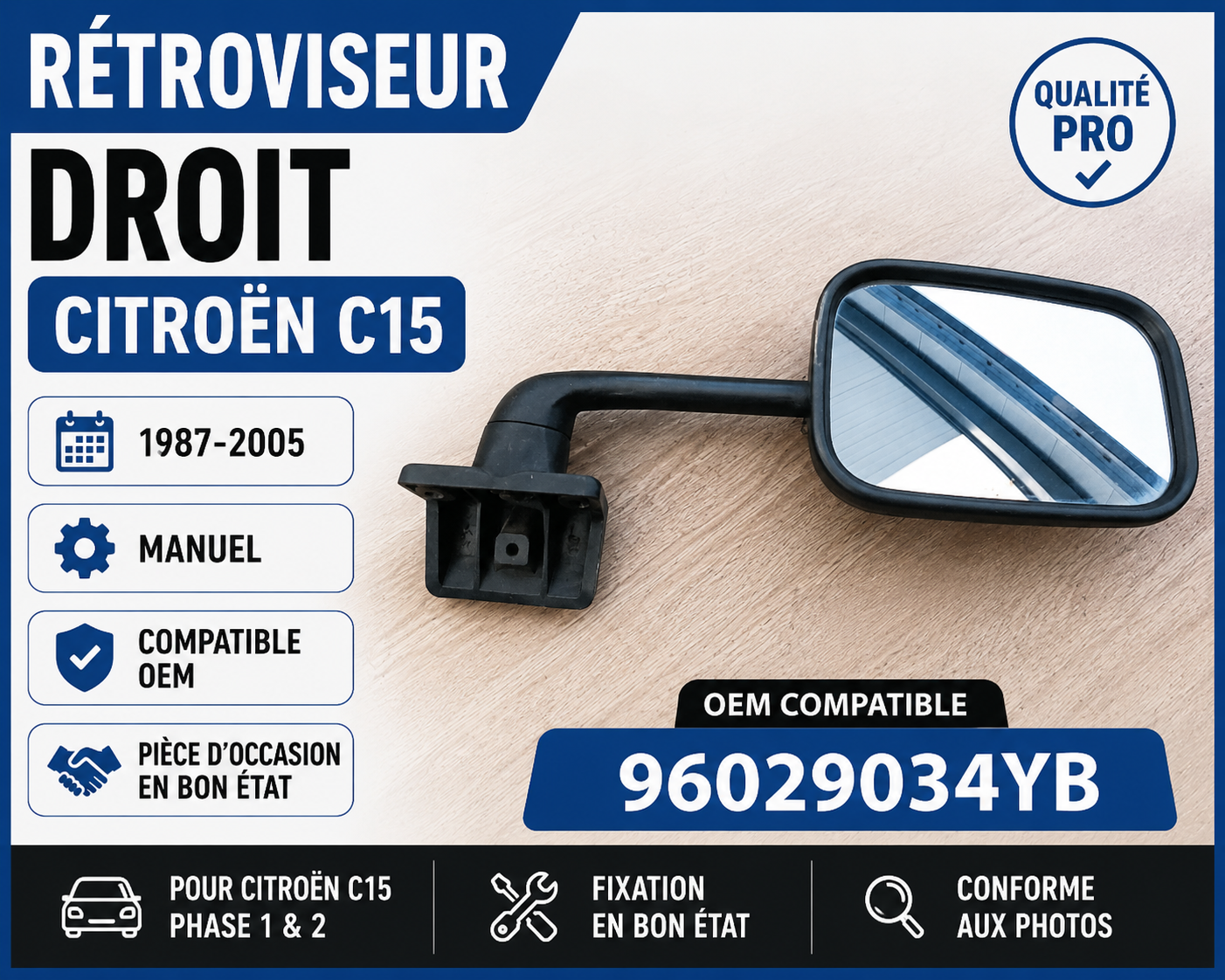 Rétroviseur Droit CITROËN C15 1987-2005 Manuel Noir Compatible OEM 96029034YB