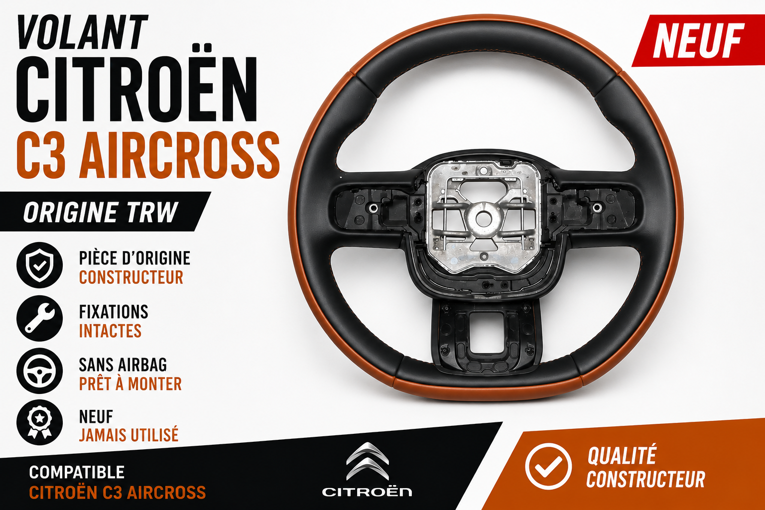 Volant Citroën C3 Aircross Noir Marron Origine TRW Sans Airbag Bon État