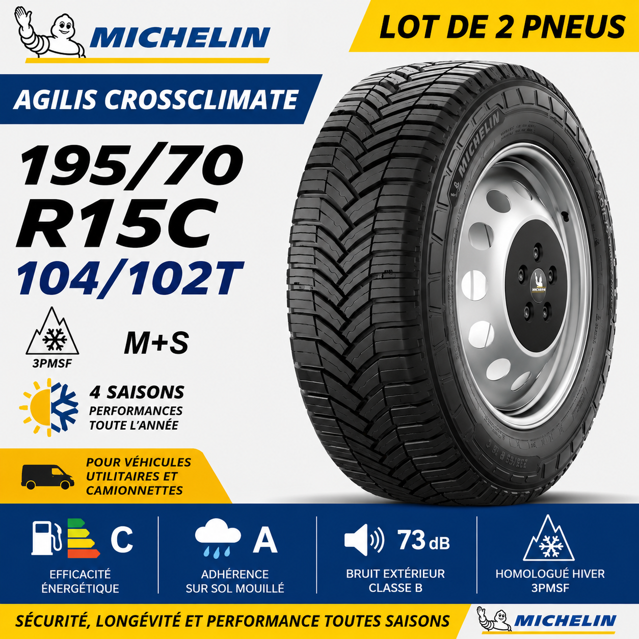 Lot de 2 Pneus MICHELIN Agilis CrossClimate 195/70 R15C 104/102T M+S 4 Saisons