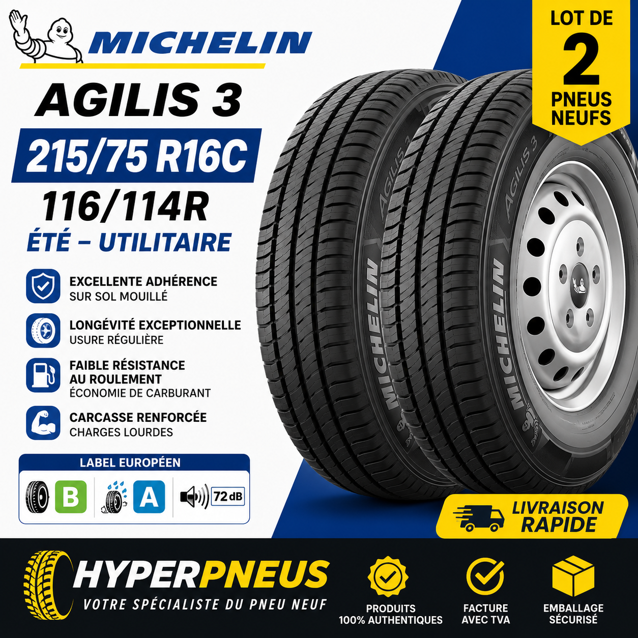 Lot de 2 Pneus MICHELIN AGILIS 3 215/75 R16C 116/114R Été Utilitaire Neufs