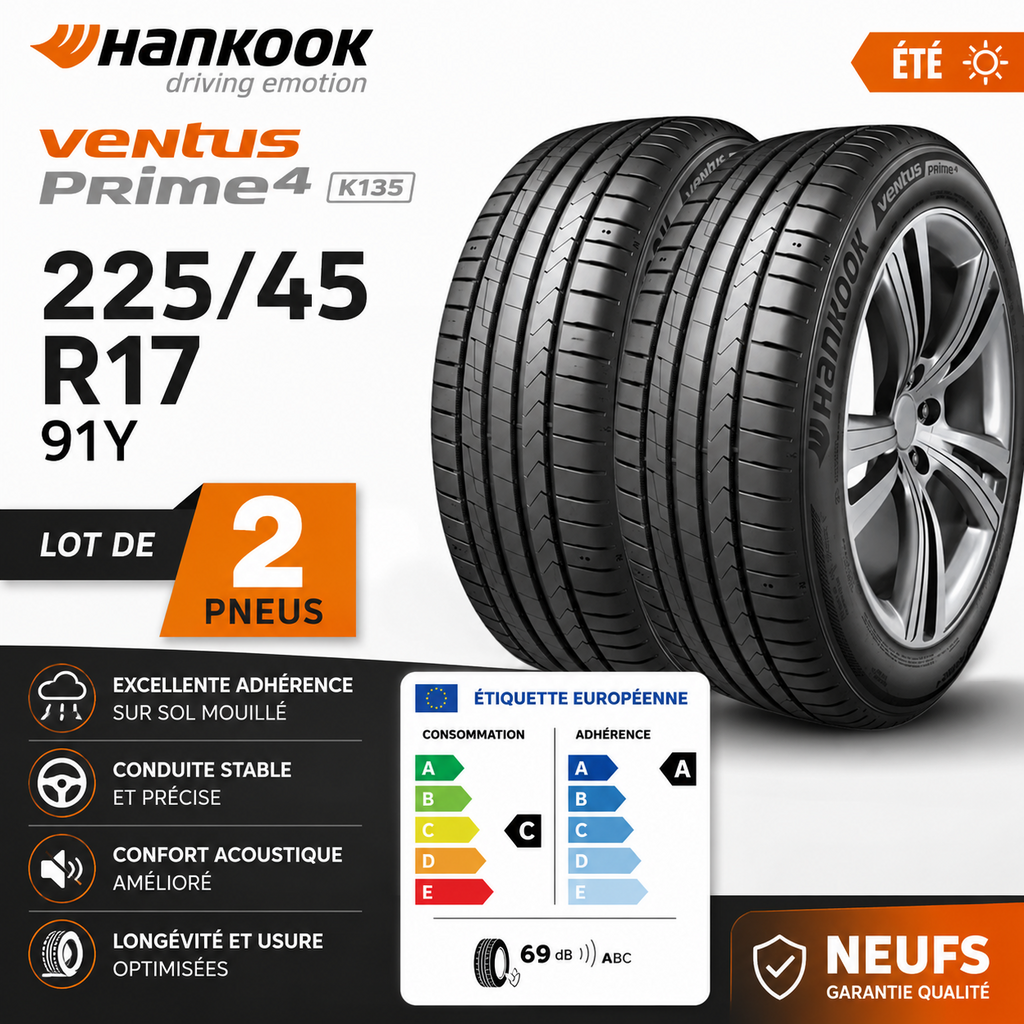 🛞 Lot de 2 pneus 225/45 R17 91Y HANKOOK Ventus Prime4 K135 – NEUFS – Été