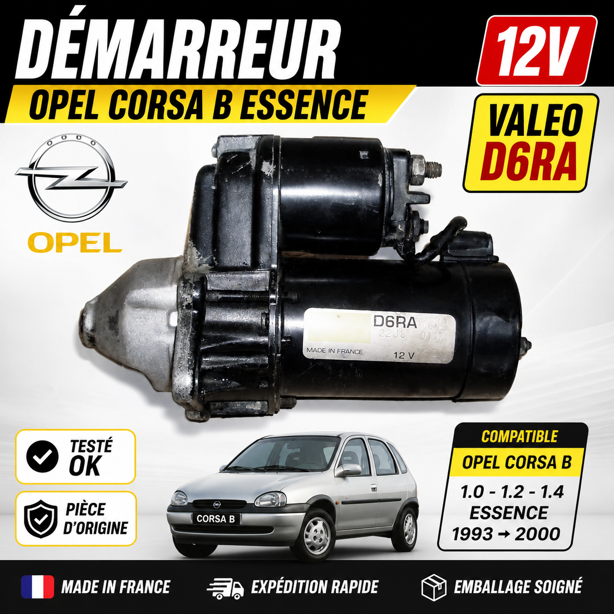 DÉMARREUR VALEO D6RA OPEL CORSA B 1.0 1.2 1.4 ESSENCE 12V ORIGINE