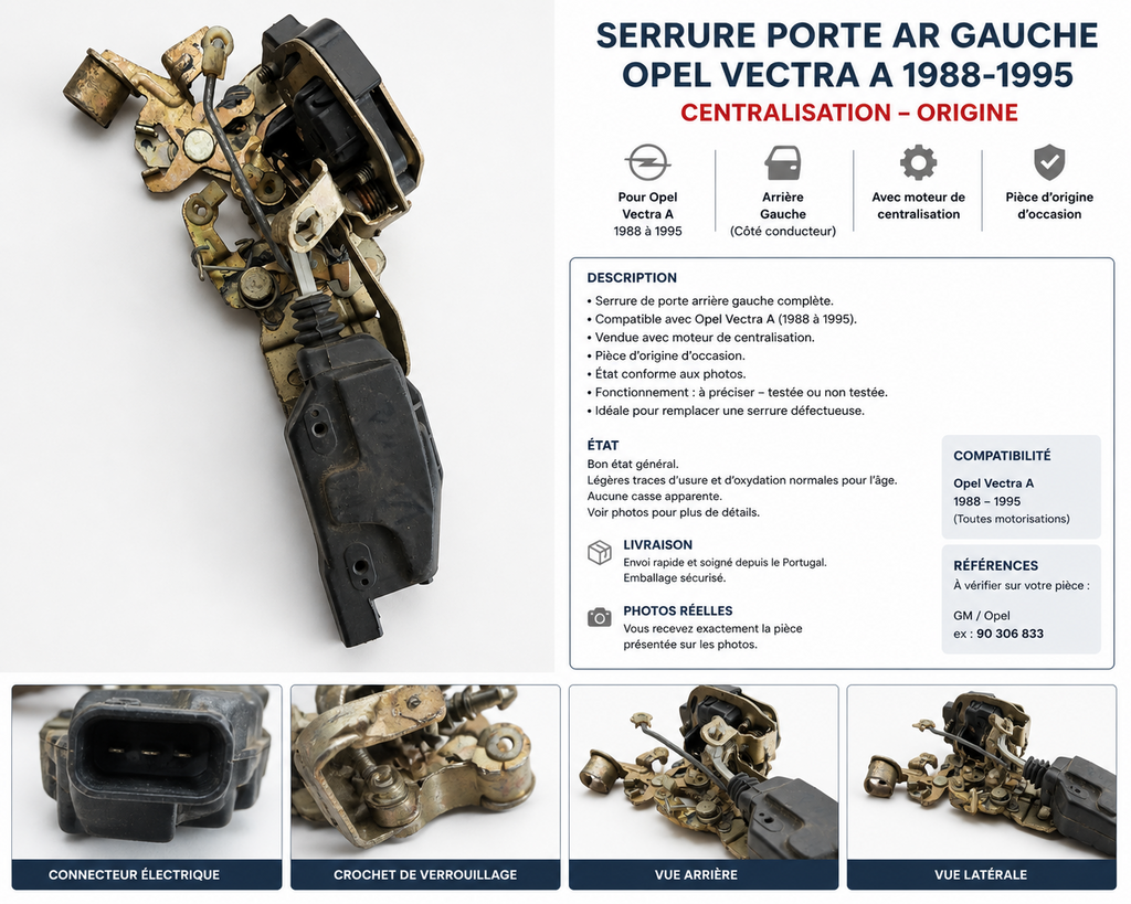 Serrure Porte AR Gauche Opel Vectra A 1988-1995 Centralisation Origine