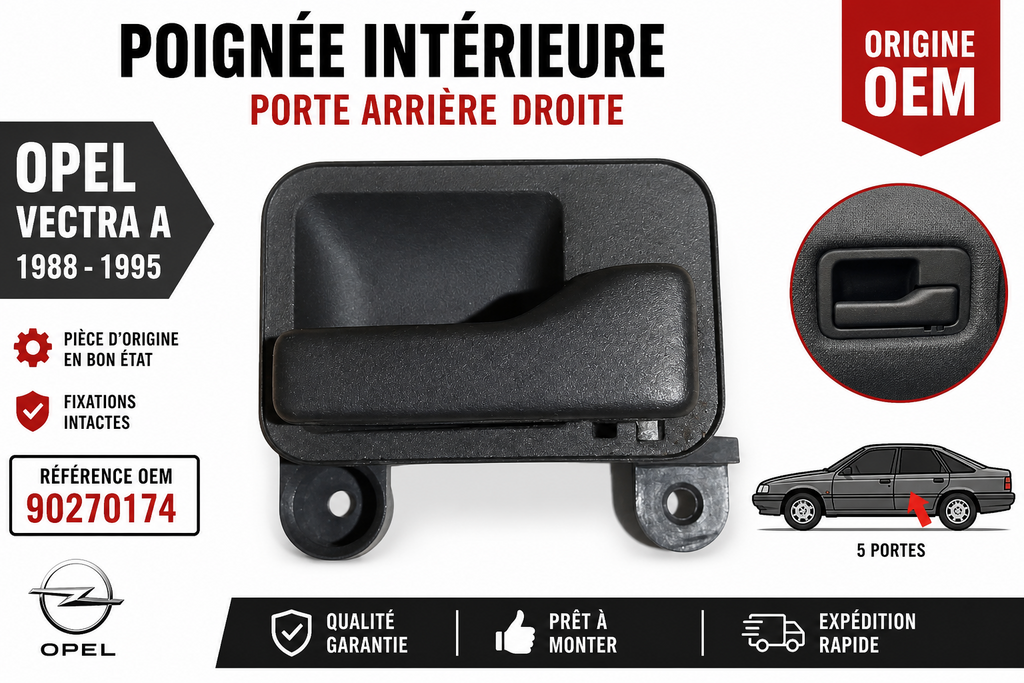 Poignée intérieure porte AR droite Opel Vectra A 1988-1995 réf 90270174 OEM