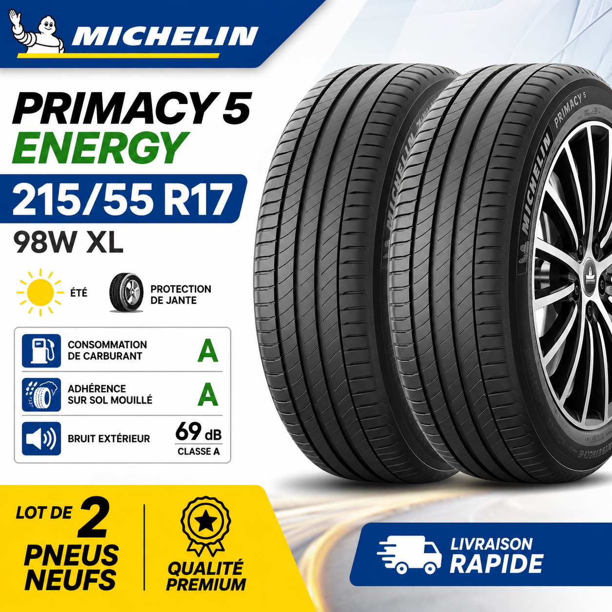 Lot de 2 Pneus MICHELIN Primacy 5 Energy 215/55 R17 98W XL Été Neufs Premium