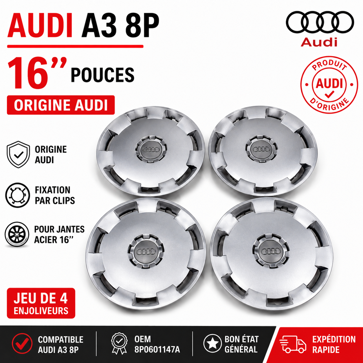 “4 Enjoliveurs Audi A3 8P 16 Pouces 8P0601147A Originaux OEM Jantes Acier”
