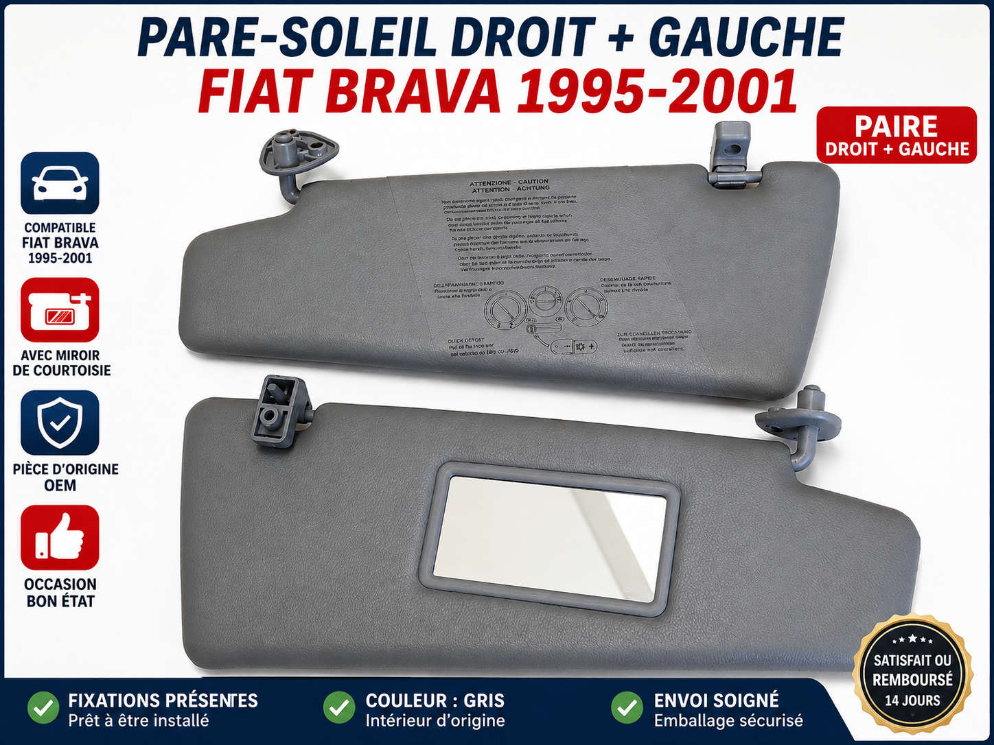 Pare-Soleil Droit + Gauche FIAT BRAVA 1995-2001 Gris OEM Avec Miroir