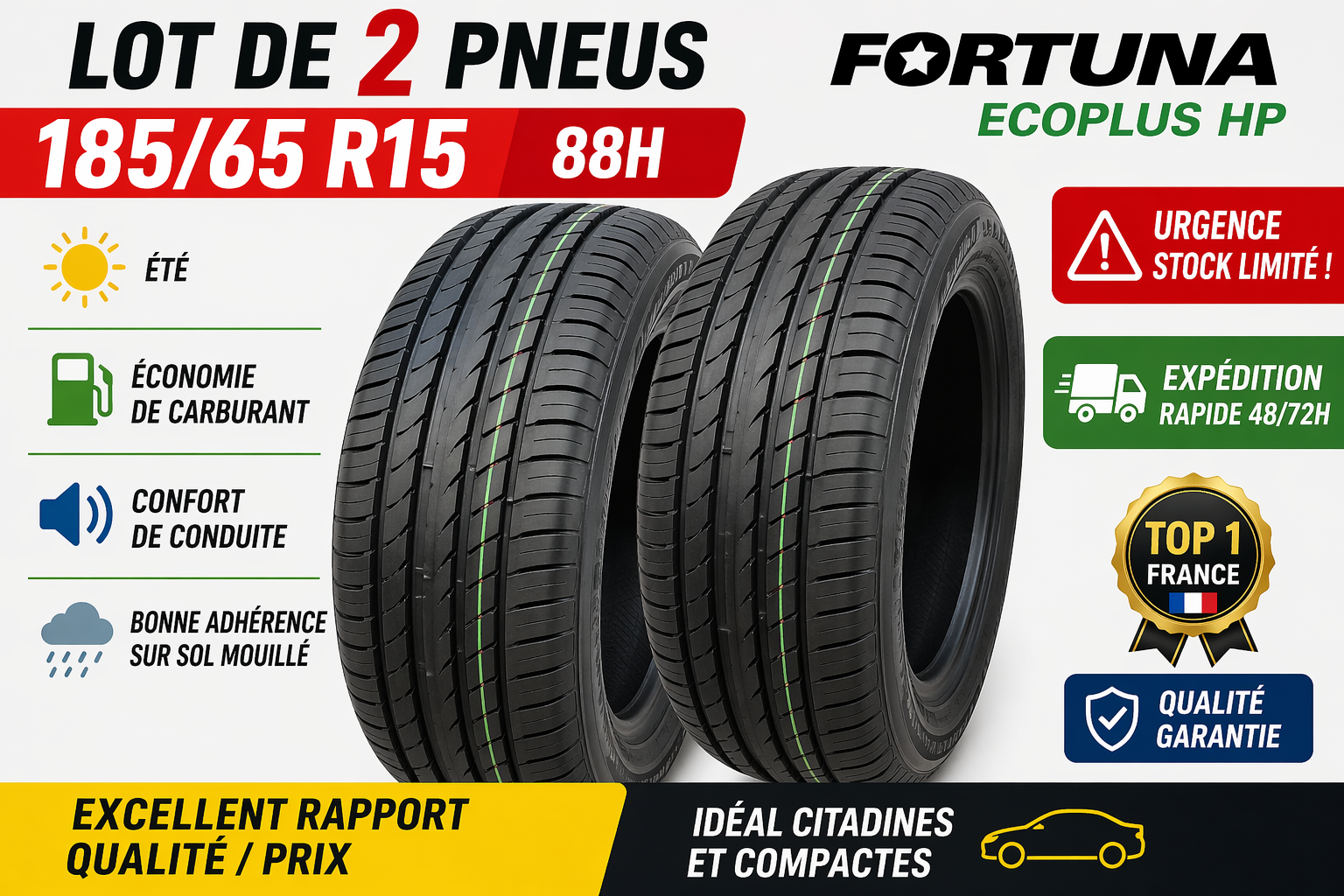 LOT DE 2 PNEUS 185/65 R15 88H FORTUNA ECOPLUS HP – ÉTÉ / ÉCONOMIQUE / CONFORT