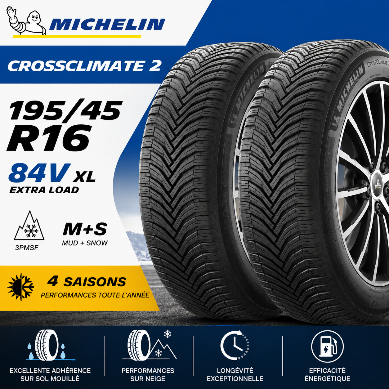 Lot de 2 Pneus MICHELIN CrossClimate 2 195/45 R16 84V XL M+S 4 Saisons