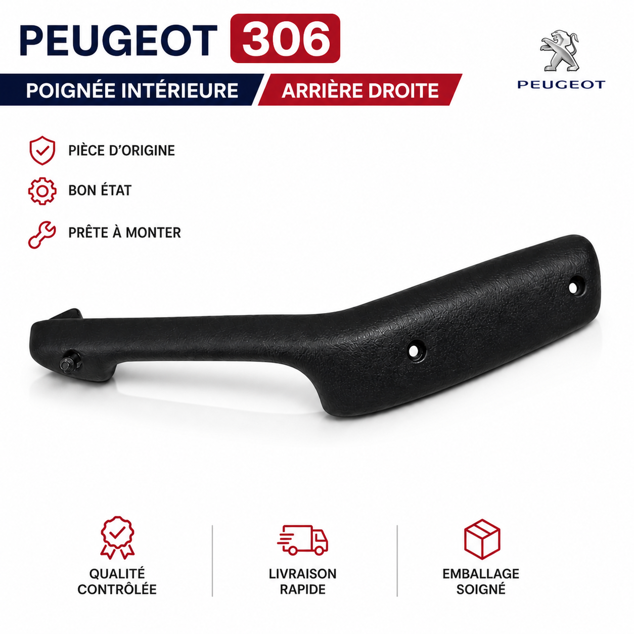 Poignée Intérieure Arrière Droite Peugeot 306 Accoudoir Porte Noir Origine