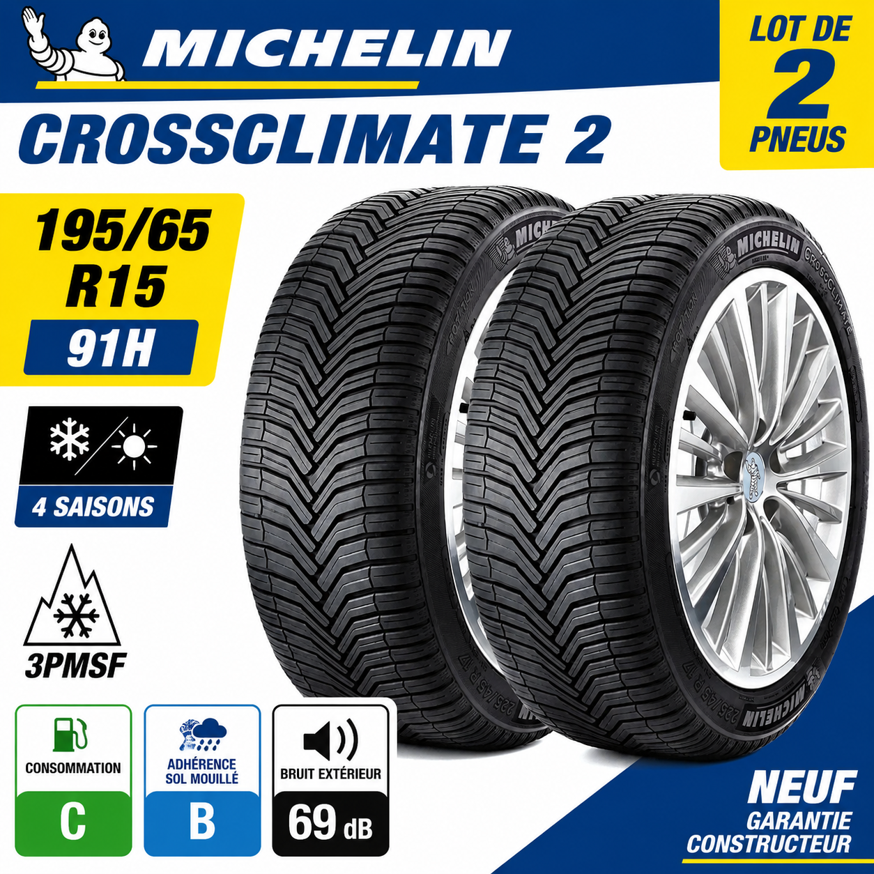 2x PNEUS MICHELIN CROSSCLIMATE 2 195/65 R15 91H NEUFS 4 SAISONS