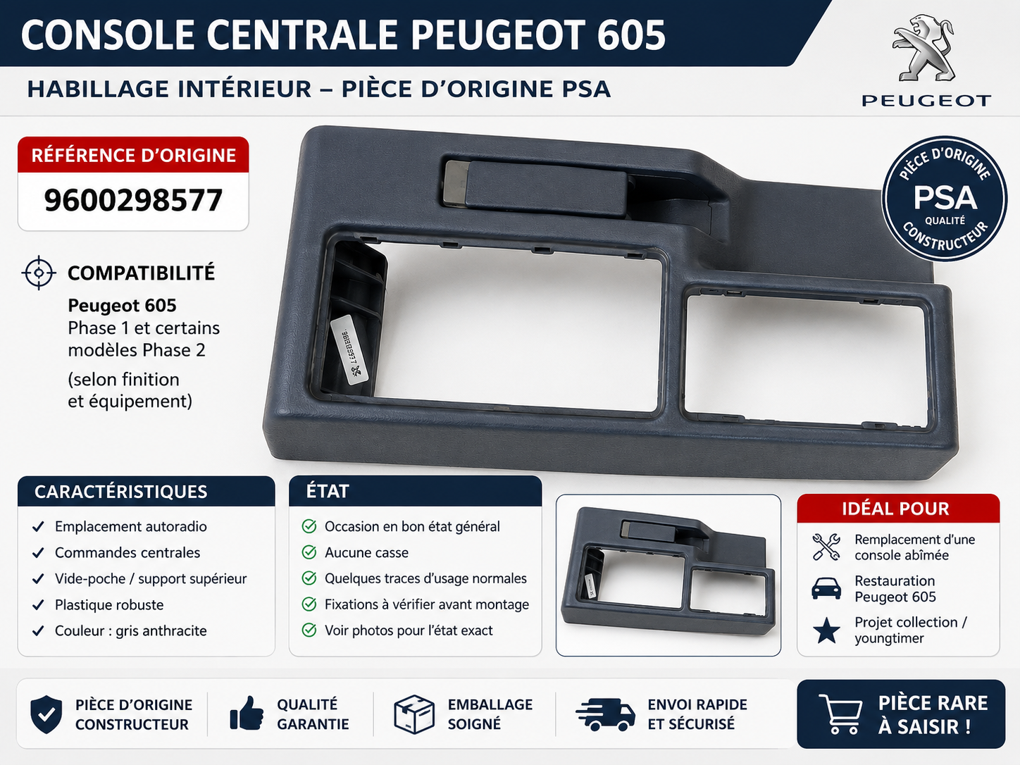 Console centrale Peugeot 605 – habillage intérieur origine PSA 9600298577